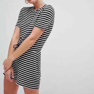 Short black and white striped romper with tie waist